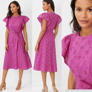 Ann Taylor Purple Pink Eyelet Flutter Sleeve Midi Dress 35341